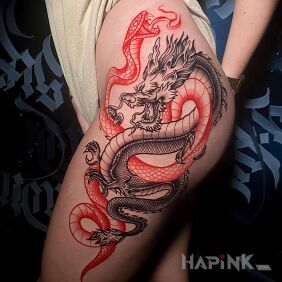 Tattoo Dragon fighting with a snake on the hip motif: colorful style: graphic / illustrative