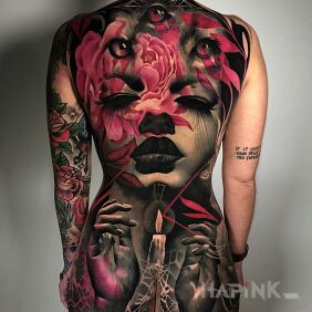Tattoo Hands by the candle on the back motif: 3D style: surrealistic