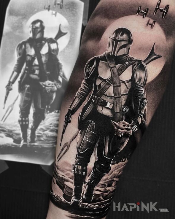 Tattoo Mando in characters motif and realistic style on the forearm