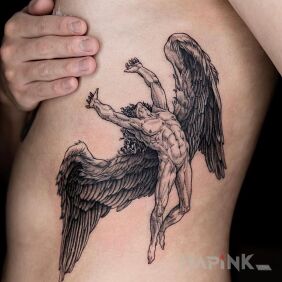 Tattoo Muscular angel on the ribs motif: angels style: graphic / illustrative