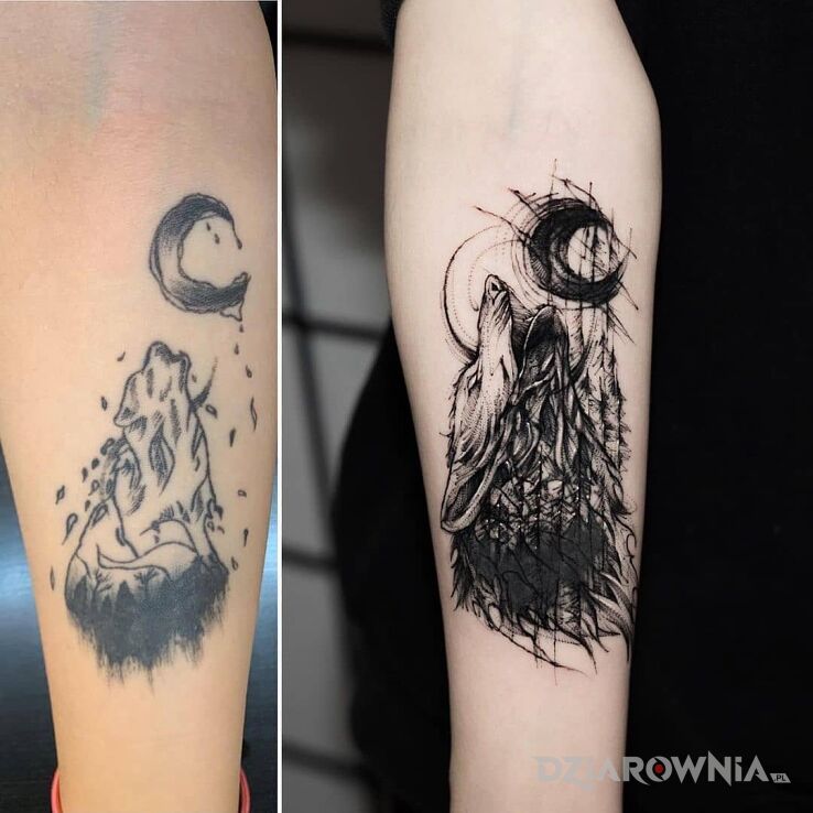 Tatuaż poprawa wilka w motywie czarno-szare i stylu szkic na ręce