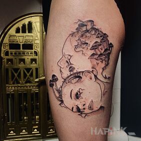 Tattoo Mushrooms on the thigh motif: faces style: contour / linework