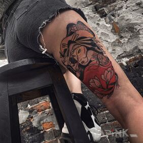 Tattoo Geisha on the leg motif: colorful style: japanese / irezumi