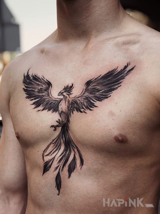 Tattoo Feniks in fantasy motif and graphic / illustrative style on the chest