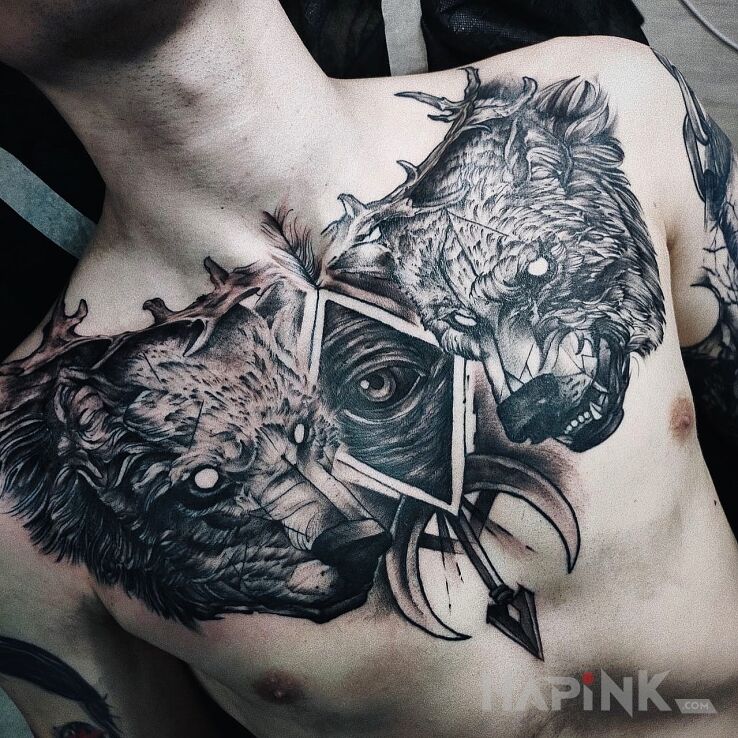 Tattoo Miedwiedzie na klatce in black and gray motif and graphic / illustrative style on the chest