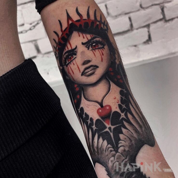 Tattoo Alisa in dark motif and newschool style On the arm