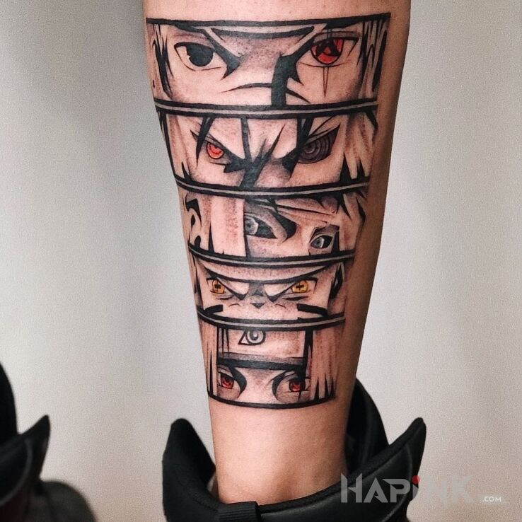 Tattoo Anime Naruto in colorful motif and cartoon / comic book style on the calf