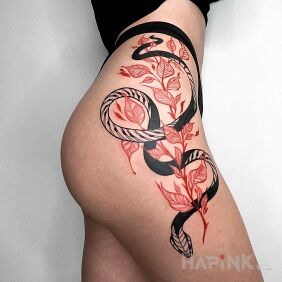 Tattoo Snake on the thigh motif: floral style: graphic / illustrative