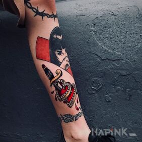 Tattoo Old school on the leg motif: colorful style: oldschool