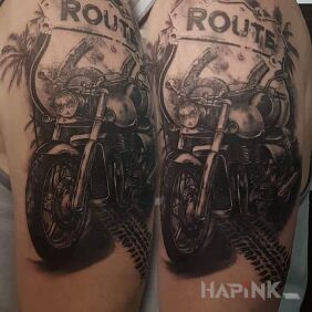 Tattoo ROUTE 66 CHOPPERS on the forearm style: realistic