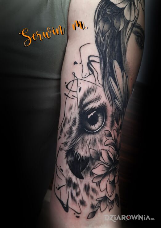 Tatuaż fragment ramienia sowa w motywie zwierzęta i stylu kontury / linework na ramieniu