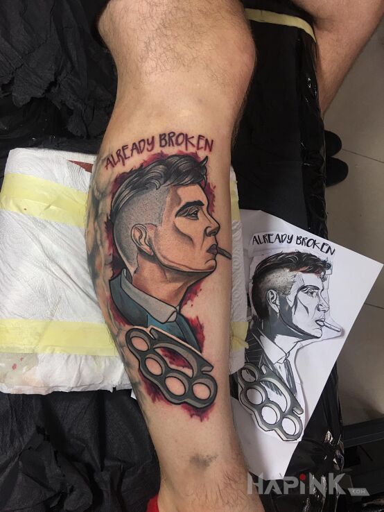 Tattoo Thomas Shelby | Peaky Blinders in characters motif and cartoon / comic book style on the calf