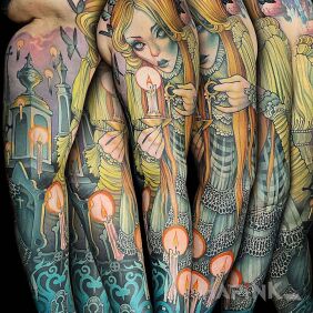 Tattoo Girl with a candle on the upper arm motif: sleeves style: neo-traditional