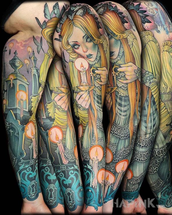 Tattoo Dziewczyna ze świecą in objects motif and neo-traditional style on the upper arm