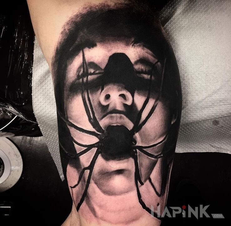 Tattoo Spider-man in 3D motif and realistic style on the upper arm