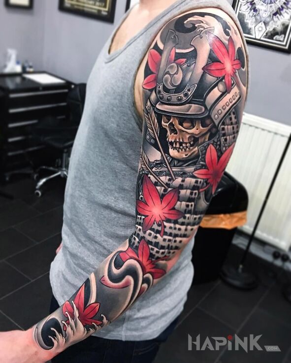 Tattoo Samuraj in sleeves motif and japanese / irezumi style on the forearm