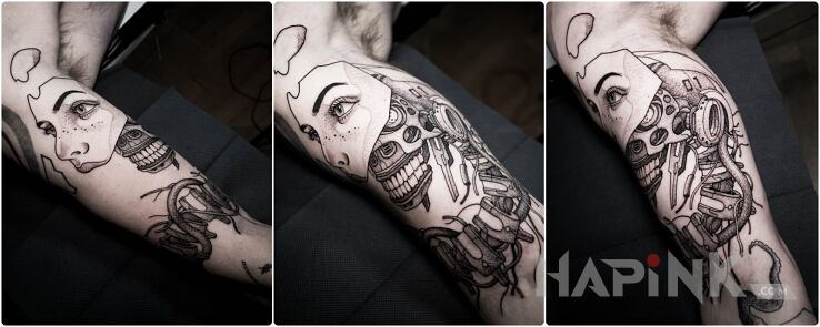 Tattoo Cyberpunk / Cyber / Robot / Cyborg in science fiction motif and graphic / illustrative style On the arm