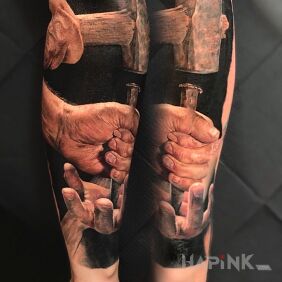 Tattoo Nailing On the arm motif: 3D style: realistic