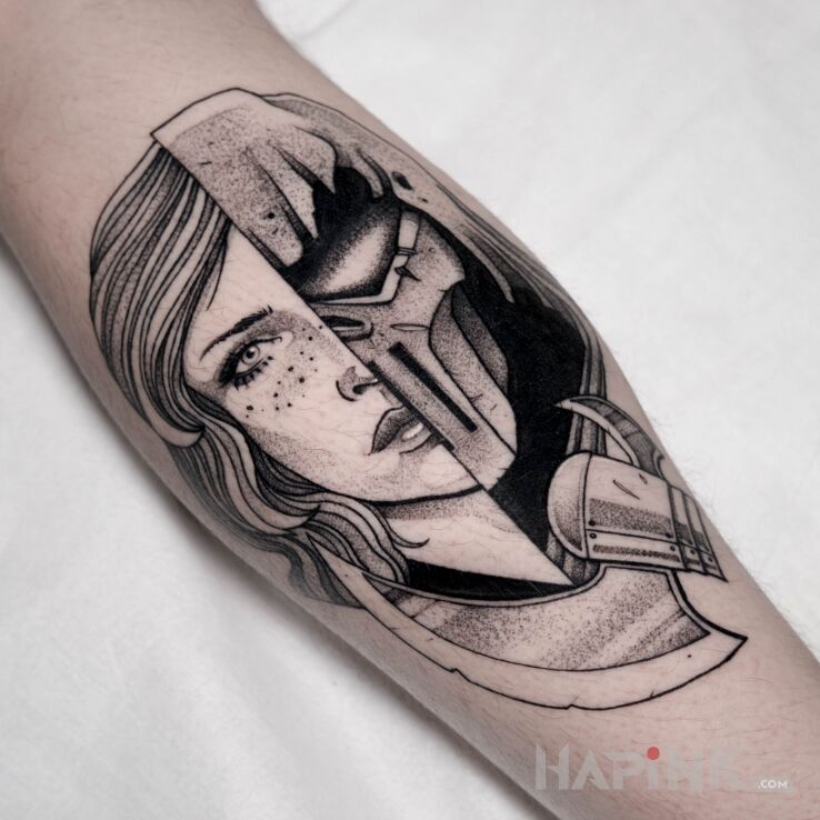 Tattoo Phantasm / DC Universe / Komiks in faces motif and graphic / illustrative style on the forearm