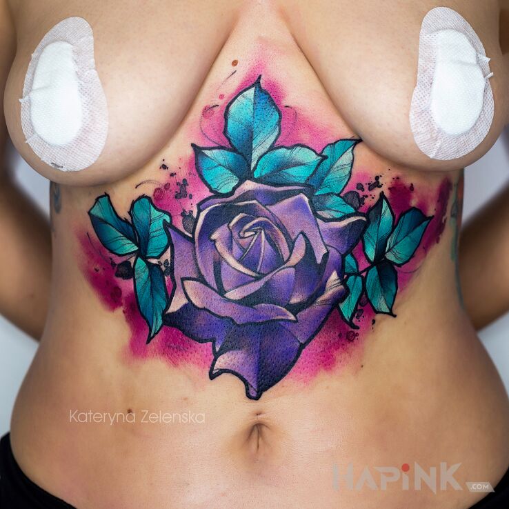 Tattoo Róża / Liście / Akwarela in colorful motif and Watercolor style underboob