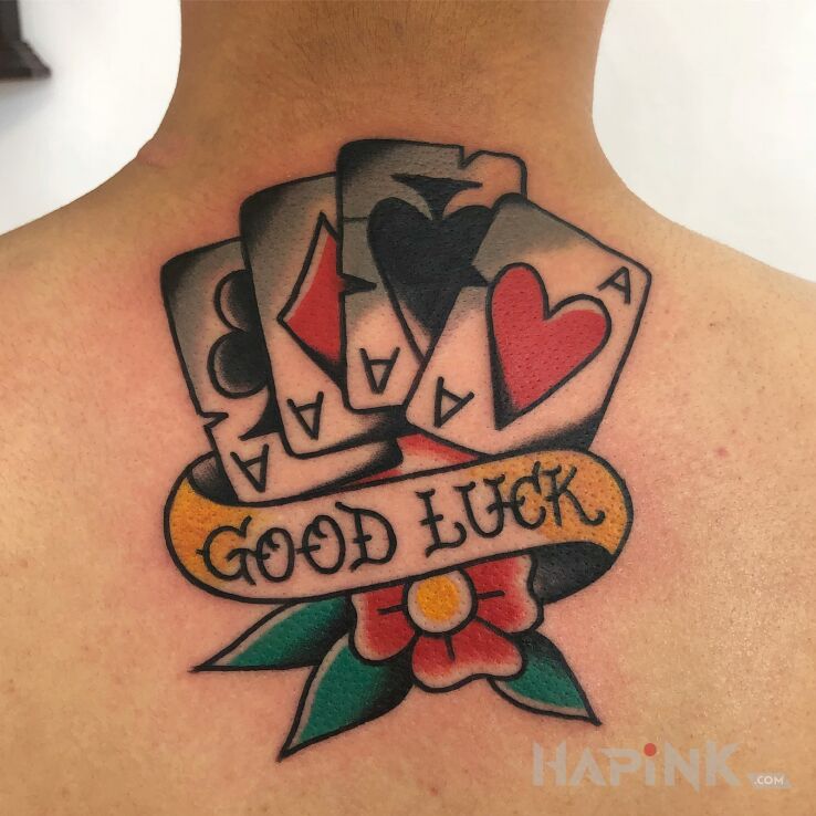 Tattoo Karty / Wstęga / Kwiat in flowers motif and oldschool style on the nape