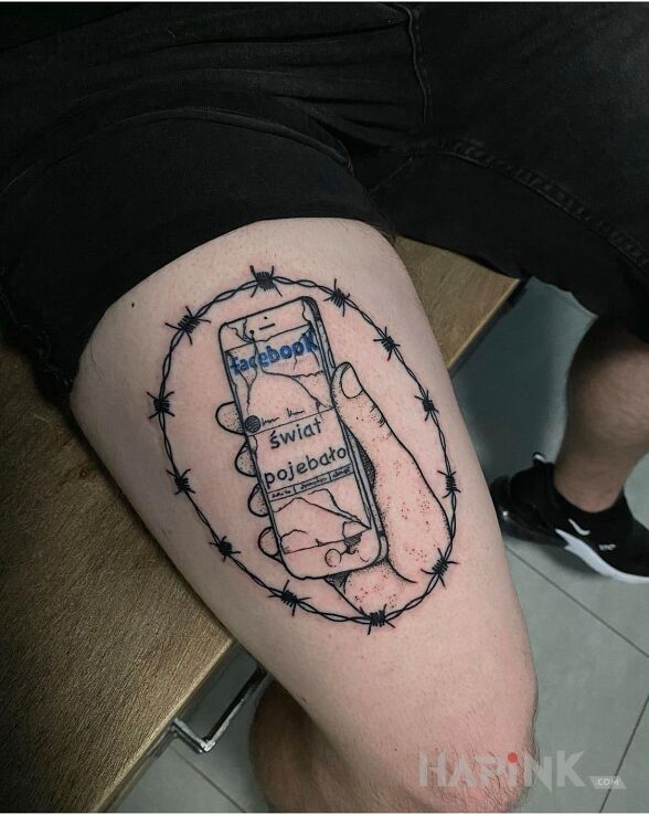 Tattoo Real life in objects motif and ignorant style on the thigh