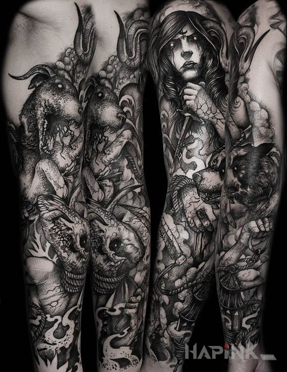 Tattoo Diablica z piekielnymi bestiami in dark motif and graphic / illustrative style On the arm