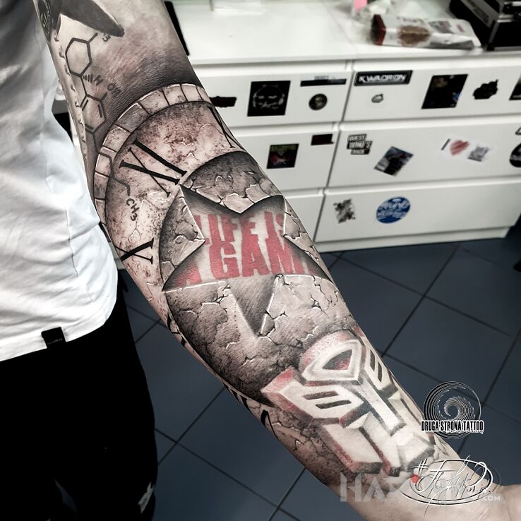 Tattoo Tajemnice wszechświata :D in sleeves motif and realistic style On the arm
