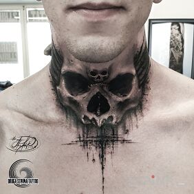 Tattoo Skull within a skull :D on the neck motif: wings style: realistic