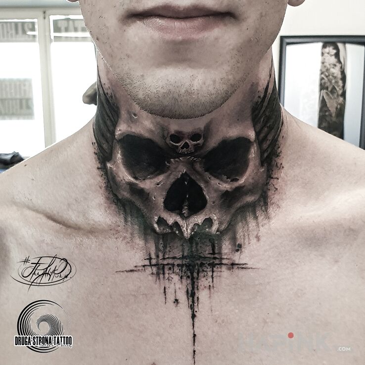 Tattoo Czaszka w czaszce :D in dark motif and realistic style on the throat