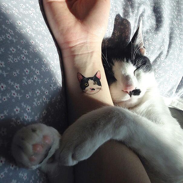 tatuaż kota na nadgarstku