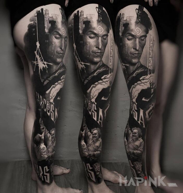 Tattoo True Detective in legsleeves motif and realistic style on the thigh