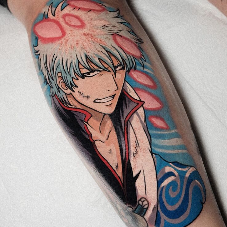 Tatuaż anime  gintoki  gintama w motywie fantasy i stylu neotradycyjne na łydce