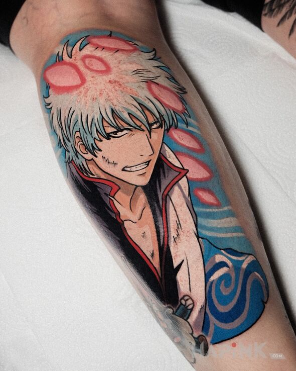 Tattoo Anime / Gintoki / Gintama in faces motif and cartoon / comic book style on the calf