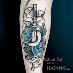 Tattoo Snake / Dagger / Flowers on the leg motif: floral style: graphic / illustrative