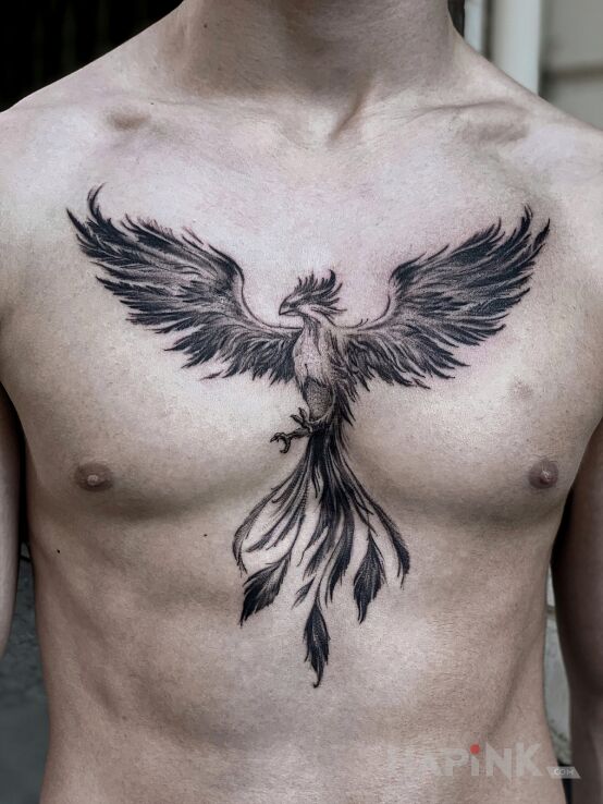 Tattoo Feniks in black and gray motif and graphic / illustrative style on the chest