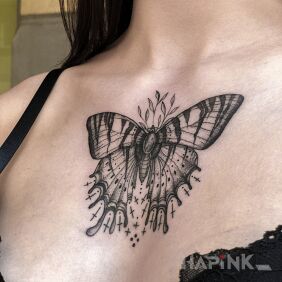 Tattoo Magic Butterfly on the chest motif: black and gray style: graphic / illustrative