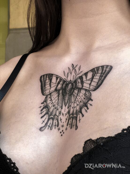 Tatuaż magiczny motyl w motywie motyle i stylu dotwork na klatce