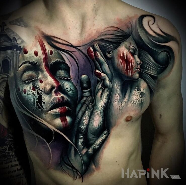 Tattoo Dwa portrety in characters motif on the stomach