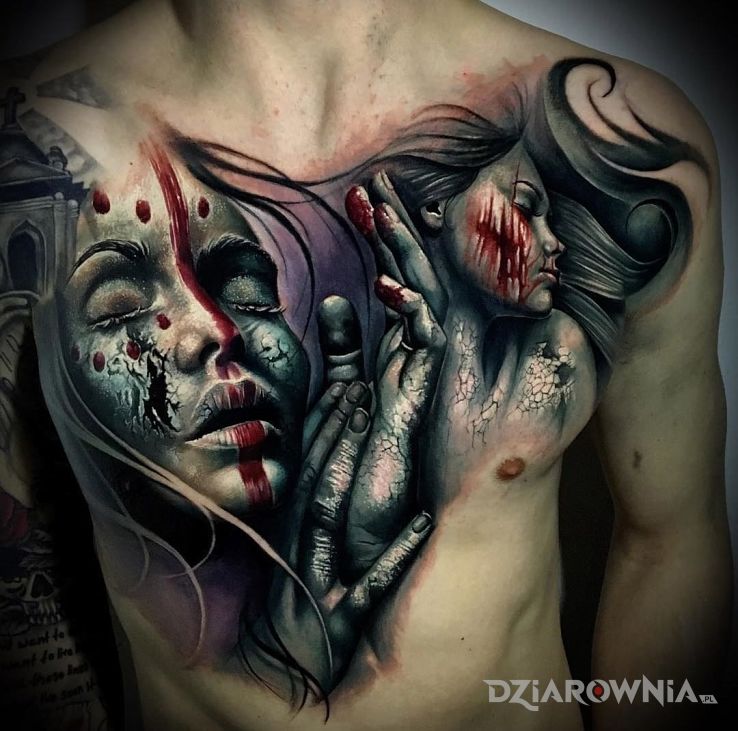 Tatuaż dwa portrety w motywie 3D na brzuchu