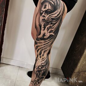 Tattoo Lady of Time and her faithful companion on the leg motif: legsleeves style: realistic