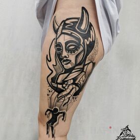 Tattoo Hello my puppy on the leg motif: black and gray style: modern / cubism