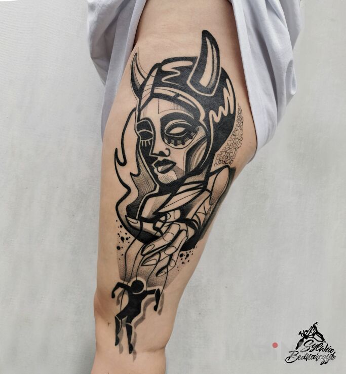 Tattoo Hello my puppy in black and gray motif and modern / cubism style on the leg