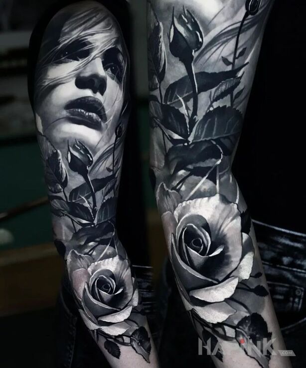 Tattoo Kobieca twarz w różach in flowers motif and realistic style On the arm
