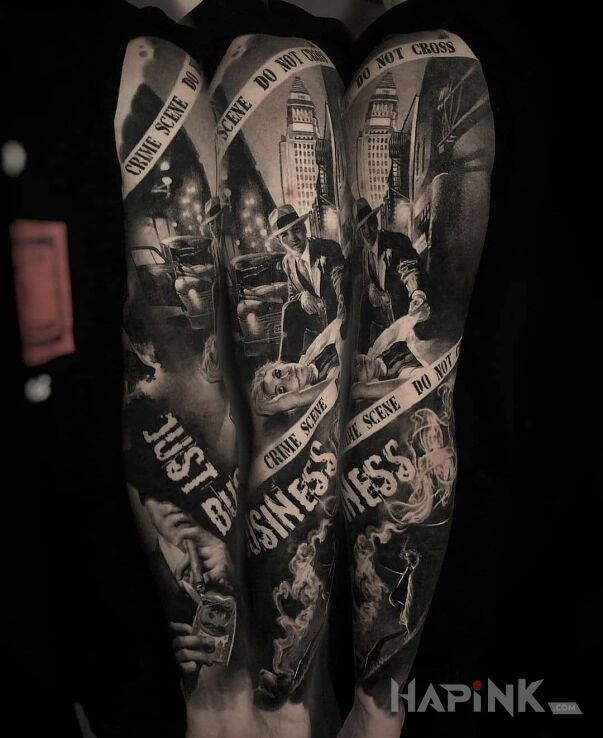 Tattoo Miejsce zbrodni in sleeves motif and realistic style on the upper arm