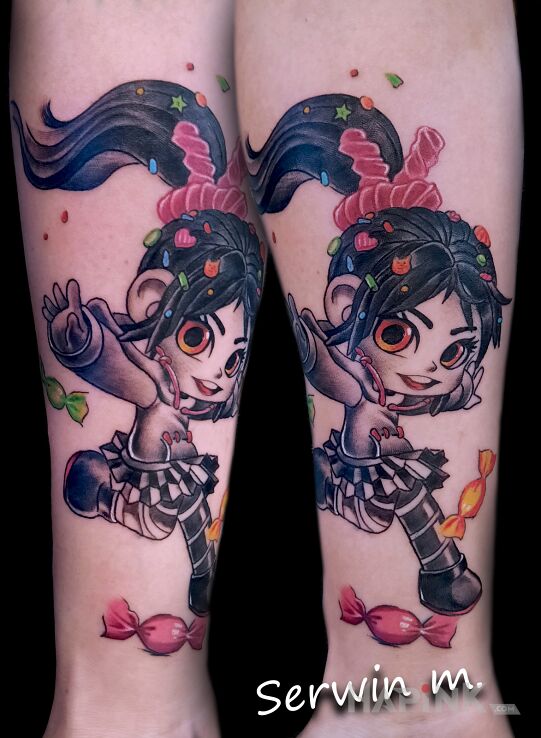 Tattoo Ralf Demolka in colorful motif and cartoon / comic book style On the arm