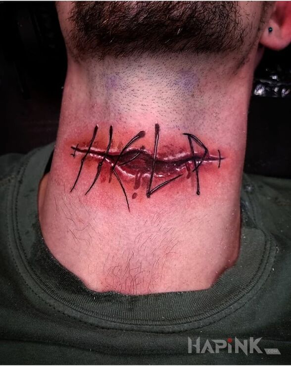 Tattoo Szrama na gardzieli in ripped skin motif and realistic style on the throat