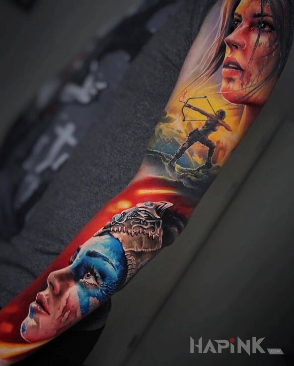 Tattoo Bohaterki z gier in 3D motif and realistic style On the arm