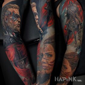 Tattoo Viking and his sword On the arm motif: sleeves style: realistic