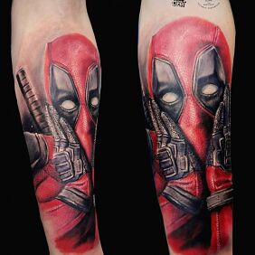 Tattoo Deadpool oh oh on the forearm motif: characters style: realistic